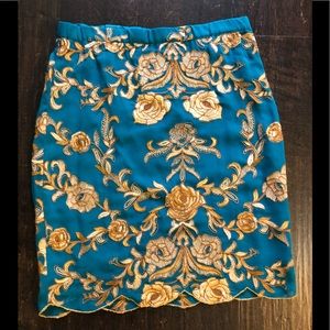 Yoana Baraschi Skirt Scalloped Hem Gold Teal Sz 4